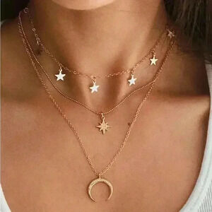 1 pc moon star tassel pendant necklace multi layers neck chain